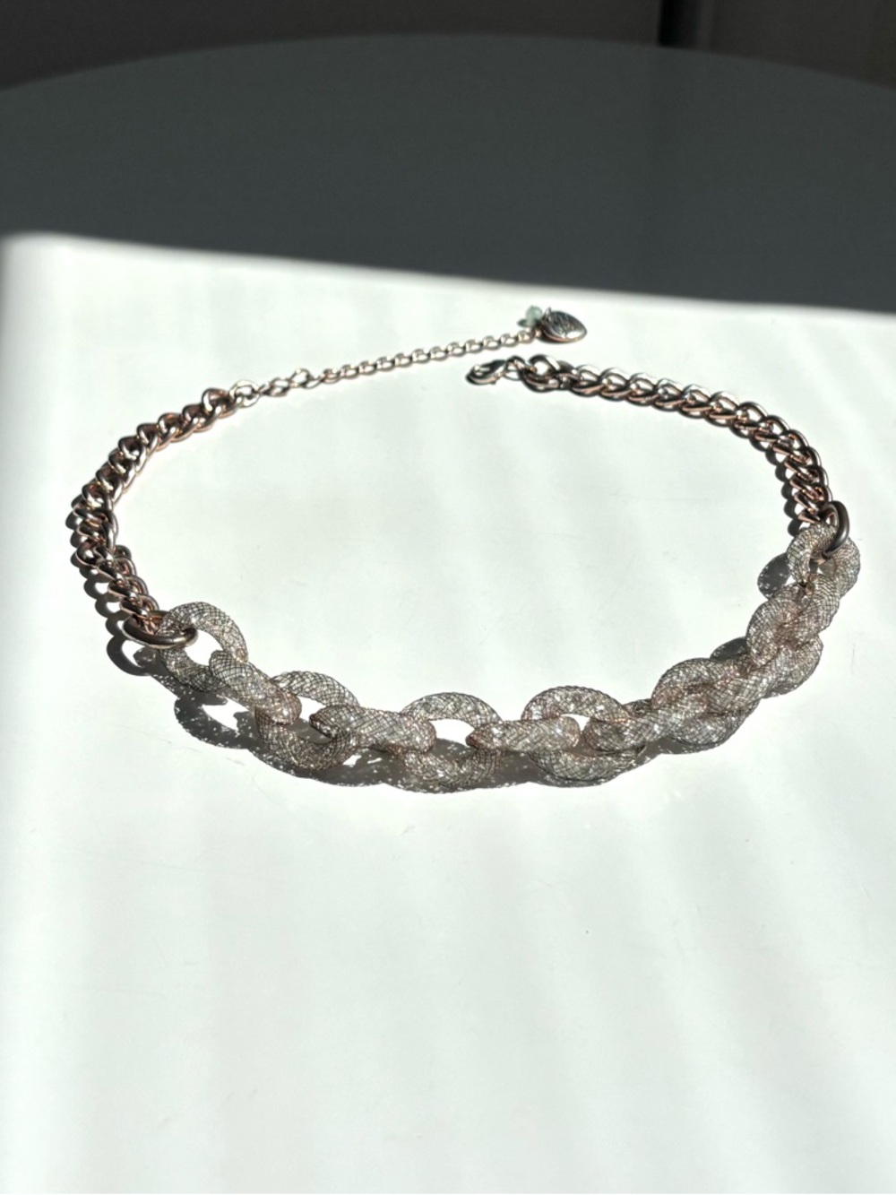 Betsy Johnson Rose Gold Crystal Filled Mesh Chain Choker Necklace